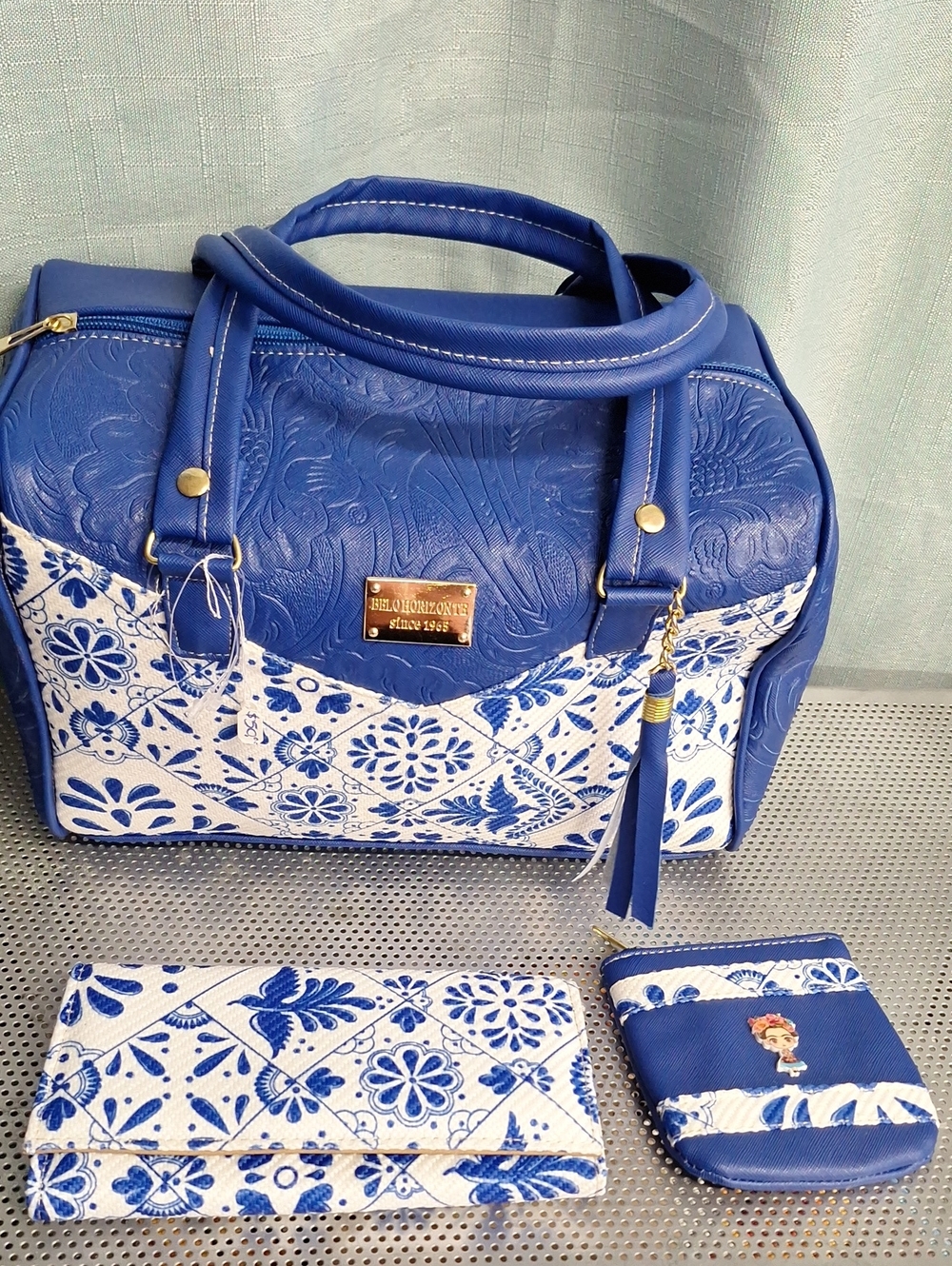 Blue Floral Satchel Bag Set with Wallets